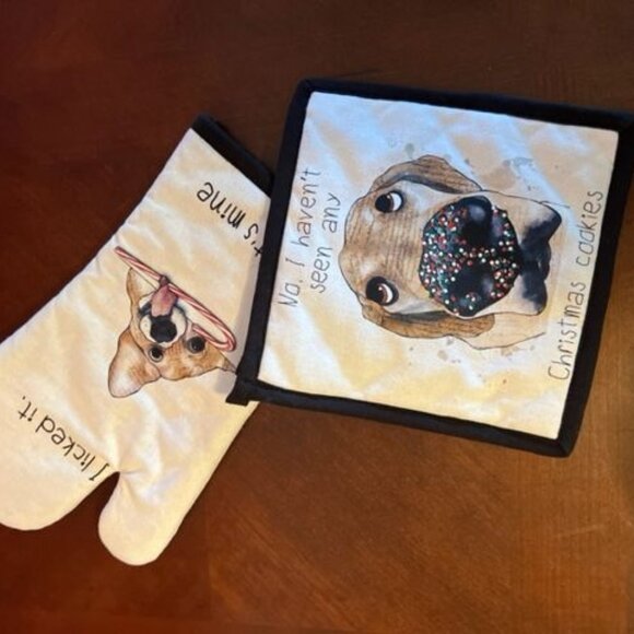 Dog-Themed Christmas Oven Mitt & Pot Holder Set boston international - Picture 1 of 7